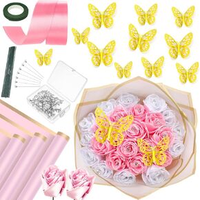135 Pcs DIY Artificial Rose Bouquet 20 Wedding Floral Wrapping Paper 2 Roll Ribbon (Make Ribbon Rose) 50 Rhinestone Pin 12 3D Butterfly 50 Stem and Tape for Bride Bridesmaids Party(Pink and White)