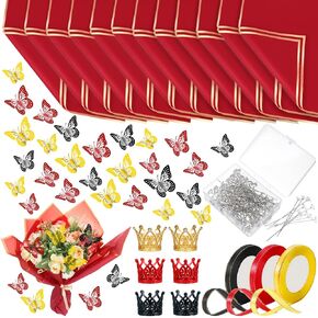 Qilery 243 Pcs Flower Bouquet Wrapping Paper Waterproof Floral Wrapping Paper Florist Supplies with Butterfly Decoration Crowns Ribbons Bouquet Pin Glue for DIY Craft (Red, Black, Gold)