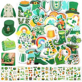 Iron On Hats Patches for St. Patrick's Day: Meneng 45PCS Embroidered Patches with Tattoo Stickers Stick on Face Hands - Cute Shamrock Irish Patch DIY Crafts for Clothing Shirts Jackets Jeans Dress