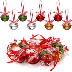 Zhanmai 24 Pieces Christmas Small Bells with Star Cutouts Bows Polka Dot Colorful Craft Bells Christmas Tree Ornaments for Holiday Party Decoration DIY Craft, Red Green White Gold, 1.6 Inch