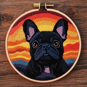DIY Punch Needle Kits for Beginners Cute Black French Bulldog with Sunset with Hoop Embroidery Punch Needle Starter Craft Set Easy for Adults and Children Festival Gift and Decoration 20x20cm-5