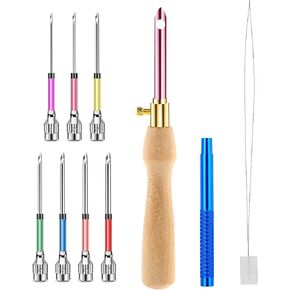 10 Pcs Punch Needle Kit Adjustable Punch Needle Tool with 7 Sizes Needle Heads Wooden Handle Punch Needle Kits Adults Beginner Punch Needle Embroidery Kit Cross Stitch DIY Crafts