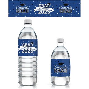 Blue Graduation Party Water Bottle Labels, Class of 2025 Water Bottle Waterproof Wrappers - 24 Stickers