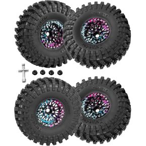 RC 1.9" Beadlock Wheels 1.9 Beadlock Tires for 1/10 SCX10 90046 AX103007 SCX10 II III TRX4 6 Gen7 8 RC Crawler,Alloy 1.9 rc Wheels and Tires Rubber Tires 1.9 Rims w/Wheels Ring,Pink