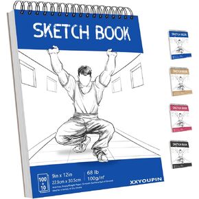 xxyoupin 9 × 12 بوصة كراسة رسم ، 110 ورقة (68 رطل/100gsm) منصة رسم ملوية علوية ، كراسة رسم فني خالية من الأحماض للرسم الفني ، الطلاء ، الكتابة على الورق (1Pack in Kuwait