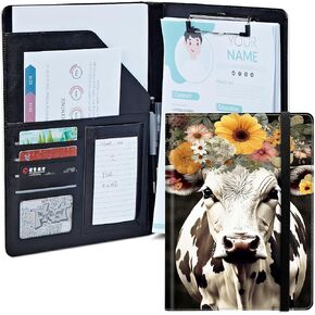 Cow Flower Padfolio Folder with Clipboard,Portfolios Organizer Clipboards with Storage Clipboard Writing Pad PU Leather Conference Document Organizer with Business Card Holder