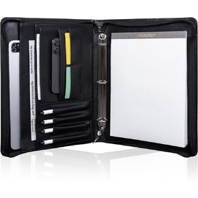 Zippered Vegan Leather Folder for notebooks, pens, Business Cards, Mobile Phones and Tablets - DIAMELLA (Black)
