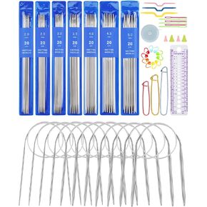 2 Set Double Pointed Knitting Needles Set, Circular Knitting Needles Set, Short and Long Stainless Steel Knitting Needles with Large-Eye Needles Stitch Markers Safety Pin Knitting Supplies