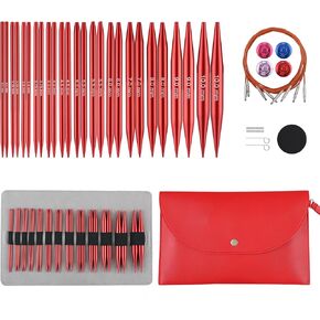 Interchangeable Circular Knitting Needles Set Sizes US 2.5, 3, 4, 5, 6, 7, 8, 9, 10, 10.5, 11, 13, 15 with Cables, Accessories and Case (Rose Red)