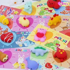 28 Packs Valentines Day Gift Cards with Cute Kawaii Mochi Squishy to Squeeze for Kids School Classroom Valentine’s Exchange Greeting Cards Party Favors, Stress Relief Fidget Toy