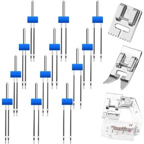 15PCS Double Needle Sewing Machine,Double Machine Sewing Needle,Twin Needles for Sewing Machine with 3 Pieces Presser Foot for Household Sewing Machine Accessories