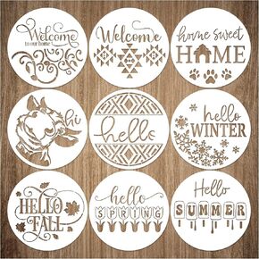 9 Pcs Welcome Stencils for Painting on Wood Reusable Round Home Sweet Home Stencil Large Hello Fall Templates for Door Hanger Canvas DIY Crafts (9 Welcome)