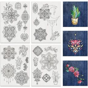 BENECREAT 4Sheets 24Pcs Mandala Flower Water Soluble Embroidery, 11.7x8.3inch Moon and Plant Stick and Stitch Embroidery Paper Stabilizer for Shirts, Coats, Bags