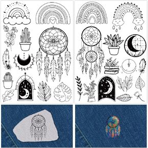 CRASPIRE 2 Sheets Dream Catcher Boho Water Soluble Embroidery Patterns Rainbow Moon Sewing Stick and Stitch A4 Transfers Fabric Stabilizers Wash Away Pre-Printed Self Adhesive for Cloth DIY Lover