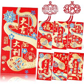 Luxury Red Envelopes Chinese New Year Snake Red Envelopes 2025 Lunar New Year Red Packet Glitter Paper 24 Pcs