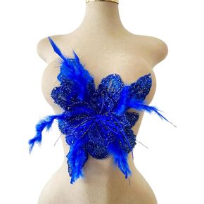 Handmade Sewing Crystal DIY Applique Patches Accessory Ostrich Feather Beaded for Wedding Party Clothes Decoration Bridal Dress Accessories 10X12inches (Blue)