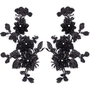 2Pcs 2 Styles Black Floral Embroidery Applique Vintage Beaded Sequin Lace Appliques 3D Flower Rhinestone Sew on Ornament Patches for Sewing Making Dresses Gowns Party Bag Jeans Shirt Supply