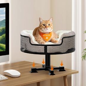 Cat Desk Bed, Stylish Metal Elevated Desk Cat Bed with Thickened Donut, Cat Bed for Desk with Rubber Suction Feet to Protect Desktop, Cat Bed Desk Up to 45LBs, Suitable for Small and Medium Cats/Dogs