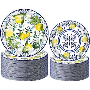 100Pcs Capri Lemon Party Plates Supplies Blue Tiles Yellow Lemon Party Decorations 9" Blue Tiles Lemon Plates 7" Citrus Fruit Paper Plates Lemon Theme for Lemon Birthday Party Decorations (Blue)