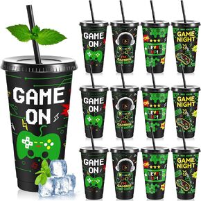 Uiifan 12 Pcs 24oz Video Game Plastic Cups with Lids and Straws Reusable Gaming Drinking Cup for 70s 90s Party Decorations Supplies Video Gaming Birthday Party Favor(Black, Green)
