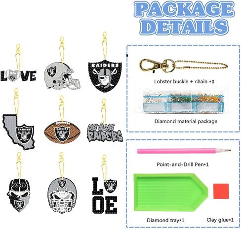 9 PCS Football Diamond Painting مجموعات مفاتيح ، DIY Craft 5D سلاسل مفاتيح فن الماس المزدوج على الوجهين لـ Lasvegas للبالغين in Kuwait