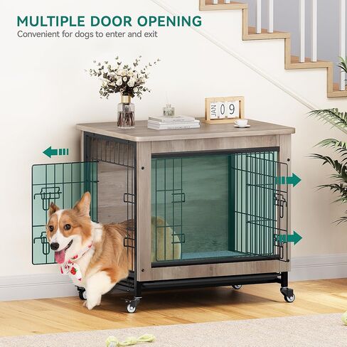 DWVO Dog Crate Furniture مع عجلات ، 27 بوصة من بيت الكلب الداخلي مع وسادة ، طاولة نهاية قفص الكلب مع صينية ، قفص الكلب مع الأبواب المزدوجة للكلب الصغير (رمادي) in Kuwait