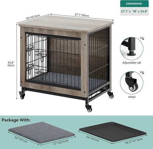 DWVO Dog Crate Furniture مع عجلات ، 27 بوصة من بيت الكلب الداخلي مع وسادة ، طاولة نهاية قفص الكلب مع صينية ، قفص الكلب مع الأبواب المزدوجة للكلب الصغير (رمادي) in Kuwait
