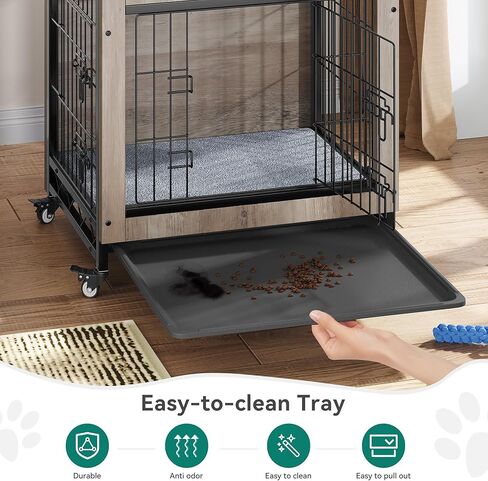 DWVO Dog Crate Furniture مع عجلات ، 27 بوصة من بيت الكلب الداخلي مع وسادة ، طاولة نهاية قفص الكلب مع صينية ، قفص الكلب مع الأبواب المزدوجة للكلب الصغير (رمادي) in Kuwait