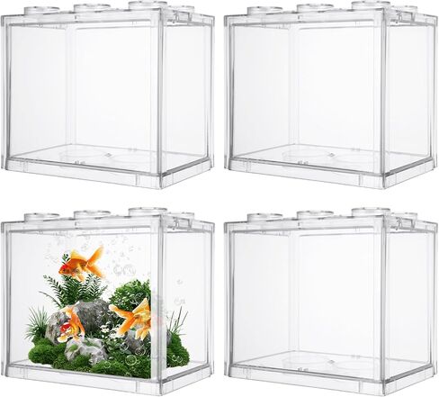 4PCS Plastic Small Betta Fish Tank, 0.6 Gallon Stackable Fish Bowl, Cube Fish Aquarium Tank for Shrimp, Turtle, Small Crab (Clear) in Kuwait