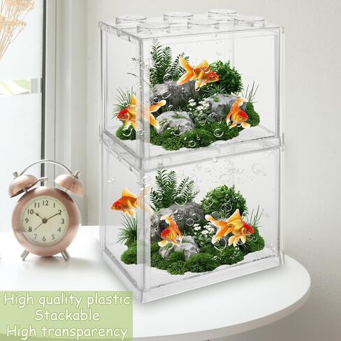 4PCS Plastic Small Betta Fish Tank, 0.6 Gallon Stackable Fish Bowl, Cube Fish Aquarium Tank for Shrimp, Turtle, Small Crab (Clear) in Kuwait