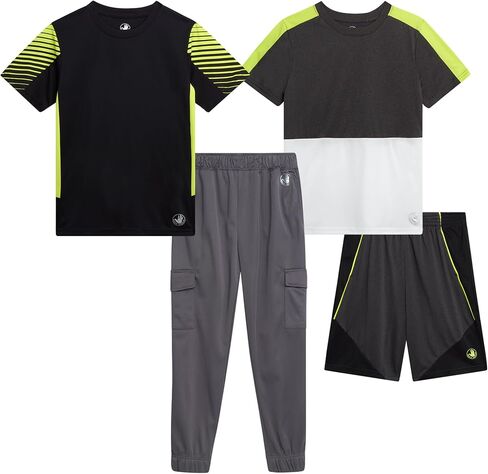 طقم سراويل رياضية للأولاد من Body Glove - تي شيرت بأكمام قصيرة مكون من 4 قطع، وسروال رياضي من الصوف، وشورت - مجموعة ملابس رياضية (4-14) in Kuwait