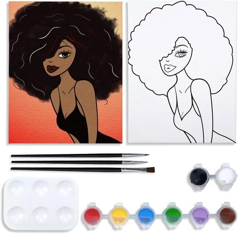 طقم الطلاء Vochic مسبقًا قماشًا لطلاءات الحفلات البالغة و SIP Party Supplies 8x10 Canvas Afro Queen 8 ألوان أكريليك ، 3 فرش in Kuwait