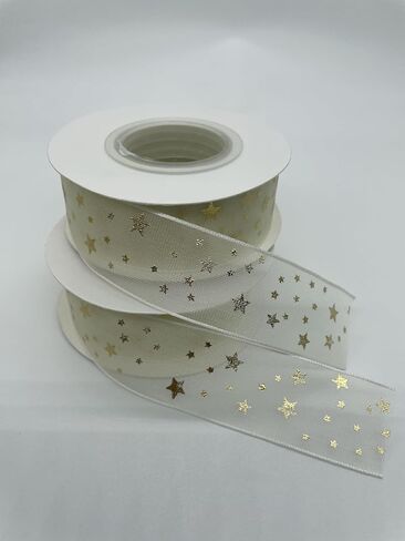 Milky White Chiffon Gold foil Ribbon, Sheer Ribbon,Christmas Decorative Ribbon, Gift Wrapping Ribbon, Wedding Decoration. Decorative Satin Ribbon Roll (Star, 19.6yard) in Saudi Arabia