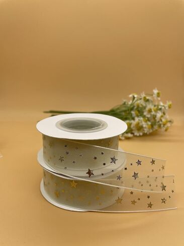 Milky White Chiffon Gold foil Ribbon, Sheer Ribbon,Christmas Decorative Ribbon, Gift Wrapping Ribbon, Wedding Decoration. Decorative Satin Ribbon Roll (Star, 19.6yard) in Saudi Arabia