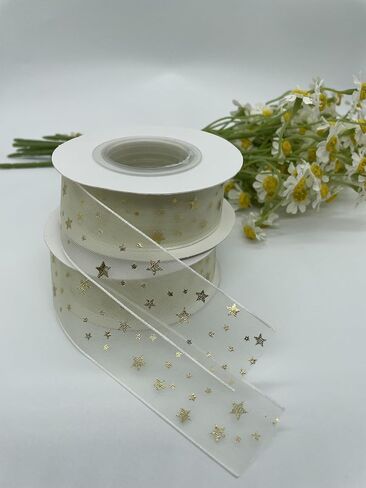 Milky White Chiffon Gold foil Ribbon, Sheer Ribbon,Christmas Decorative Ribbon, Gift Wrapping Ribbon, Wedding Decoration. Decorative Satin Ribbon Roll (Star, 19.6yard) in Saudi Arabia