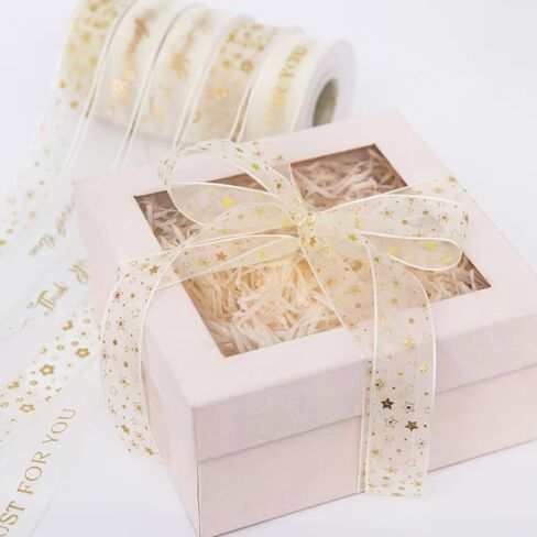 Milky White Chiffon Gold foil Ribbon, Sheer Ribbon,Christmas Decorative Ribbon, Gift Wrapping Ribbon, Wedding Decoration. Decorative Satin Ribbon Roll (Star, 19.6yard) in Saudi Arabia