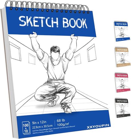 xxyoupin 9 × 12 بوصة كراسة رسم ، 110 ورقة (68 رطل/100gsm) منصة رسم ملوية علوية ، كراسة رسم فني خالية من الأحماض للرسم الفني ، الطلاء ، الكتابة على الورق (1Pack in Kuwait