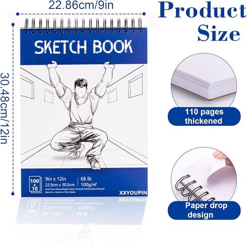 xxyoupin 9 × 12 بوصة كراسة رسم ، 110 ورقة (68 رطل/100gsm) منصة رسم ملوية علوية ، كراسة رسم فني خالية من الأحماض للرسم الفني ، الطلاء ، الكتابة على الورق (1Pack in Kuwait