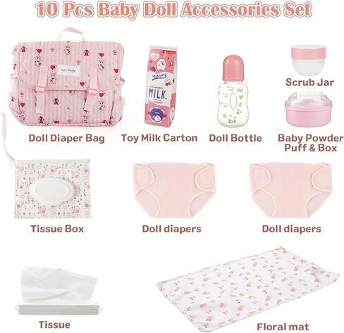 BABESIDE 10 Pcs Reborn Doll Accessories Set for 17-22 Inch Dolls, Doll Feeding and Care Set, Including Doll Diaper Bag, Doll Diaper, Great for Children's Pretend Play(Dolls not Included) in Kuwait