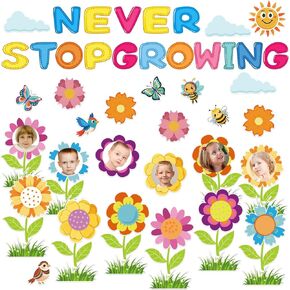 96pcs Spring Flower Bulletin Board Decorations Set Never Stop Growing Classroom Decorations Colorful Flower Cutouts DIY Photo Craft for Office Chalkboard Decor Back to School Supplies