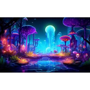 Fantasy Forest Aquarium Background Mysterious Plants Abstract Mushrooms Cartoon Style Forest Terrarium Backdrop Tranquil Stream Fish Tank Background Wallpaper Poster Decor Vinyl 24x16in