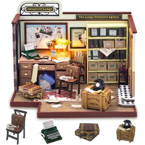 DIY Miniature Dollhouse Kit, Mini House Making Kit with Furnitures and Light, Tiny House Kit to Build for Adults, Hobby Craft Gift for Christmas Day, Detective Agency