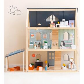 Pairpear Wooden Toys Dollhouse ، 3 Story Dollhouse Kit with Doll House Accessories and Furniture 64 VIACE ، HODEN DOLLHOUSE GIFT for Girls and الأولاد 3 سنوات وما فوق