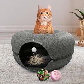 Cat Tunnel Bed for Indoor Cats - 24" Cat Cave, Large Cat Bed Cave for Pets up to 30lbs, Play Tunnel Toy for Pets with Hanging Ball Toy, 2-in-1 Round Cat Tube w/Removable Machine Washable Parts