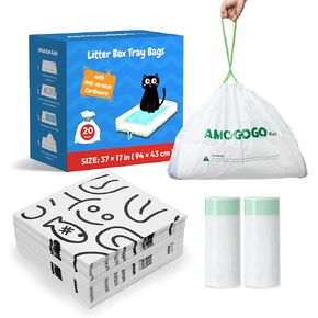 20 Pack Cat Litter Bags, Compatible with PetSafe Crystal Litter Box Tray Refill, with Anti-scratch Cardboard, Heavy Duty, Leak-proof Thick Drawstring Litter Box Liners, 37" x 17"