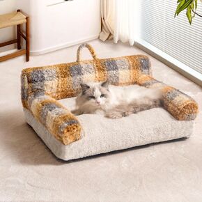 Lepark Cat Couch for Indoor Cats, Cozy Dog Sofa with Removable and Machine Washable Cover, Plush Fluffy Bed for Small Medium Cats Dogs Lounging & Napping(Yellow Plaid,24inch)