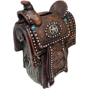 Bank Saddle Coin Bank - Western Piggy Bank مع مظهر جلدي أدوات مع Silver Star - الفروسية Rodeo Cowboy/Cowgirl Décor - توفير أموال العطلات