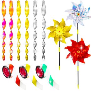 12Pcs Sparkly Reflective Pinwheels Bird Scare Rods Tapes Set to Scare Birds Away from Patio Farm, Ideal for Home Garden Lawn Decor