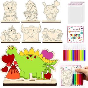 24 Pack Valentine's Day Gifts Set Unfinished DIY Wooden Art Painting Craft with Mini Watercolor Pencil, Valentine's Day Cards and Packaging Bag DIY Valentines Crafts for Valentines Party Favor