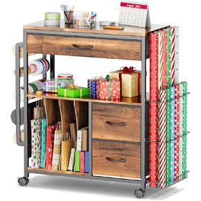 PUNLUXU Wrapping Paper Storage Cart, Rolling Gift Wrap Station with Ribbon and Gift Bag Storage, Wrapping Paper Organizer Holder, Craft Organizers and Storage, Craft Storage Cart 01 Patent Protected